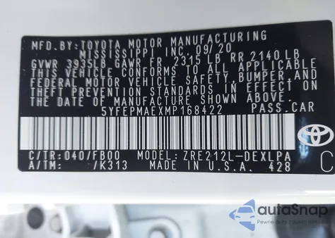 2021 Toyota Corolla Le из США, поврежденный, VIN 5YFEPMAEXMP168422